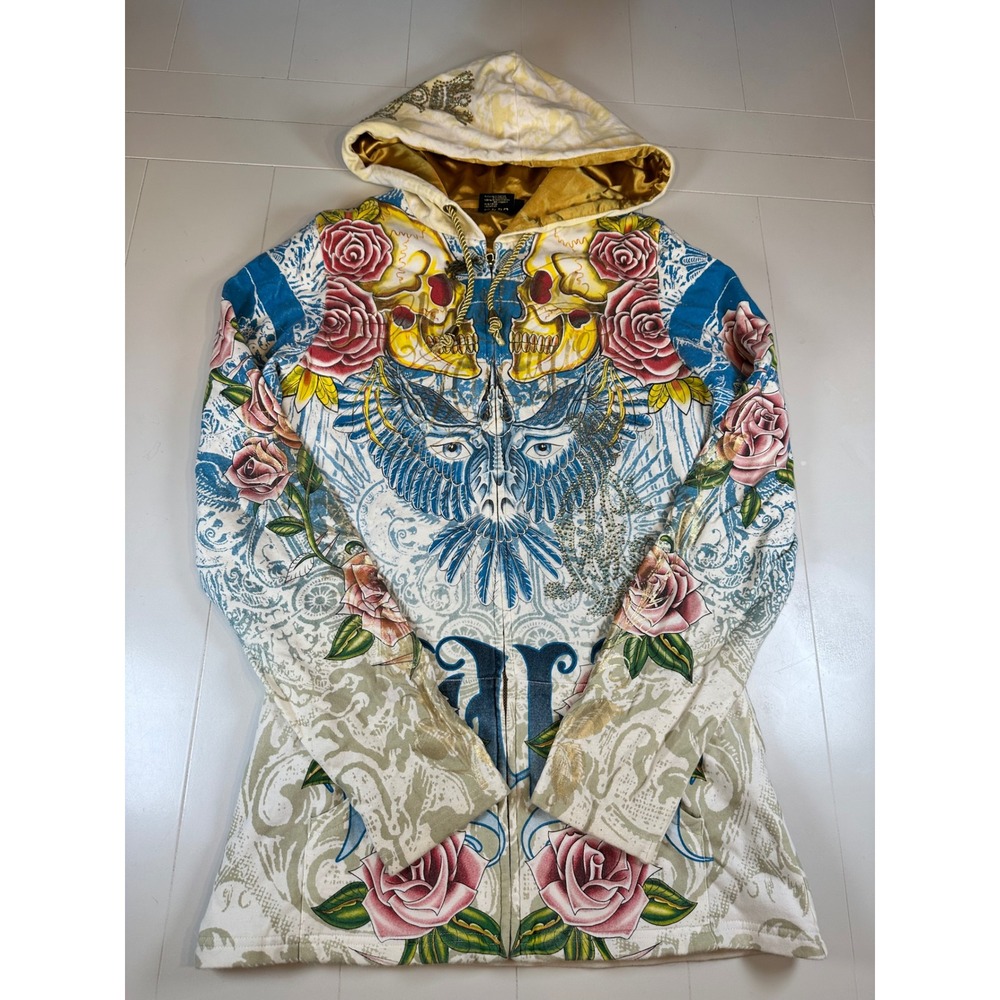 Christian Audigier FAITH Hoodie L Y2K Skull Rose Rhinestone Gold Satin Full Zip